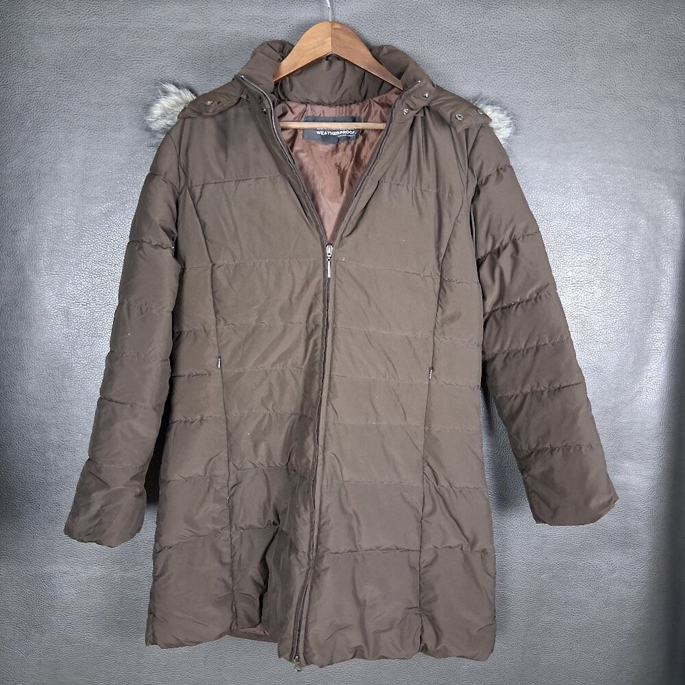 Weatherproof Coat Womens Large Down Puffer Long Quilted Faux Fur Trim Hood Brown